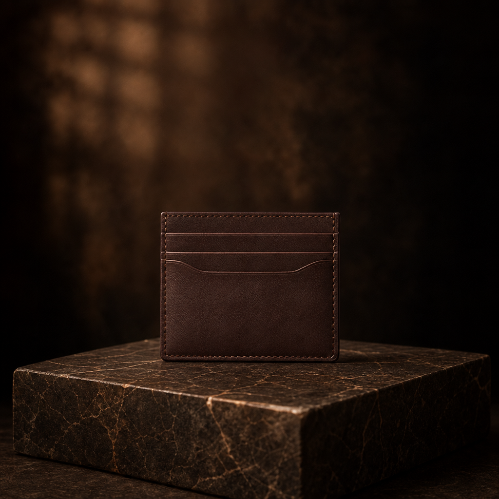 Chocolate leather Heritage Cardholder on a marble plinth