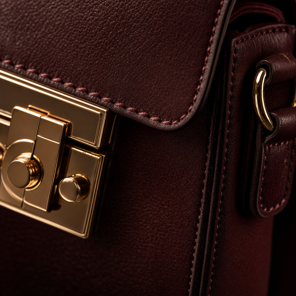 Detailed gold clasp and hand stitching on a burgundy DAAG leather bag